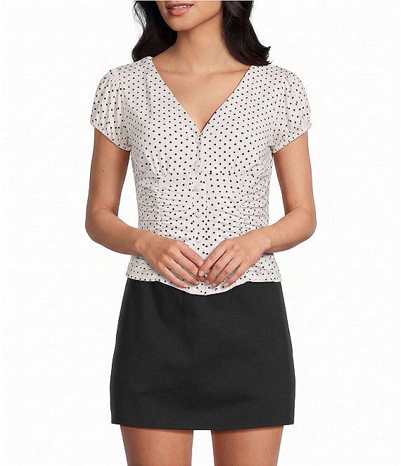 Blu Pepper Polka Dot V-Neck Button Down Short Sleeve Top