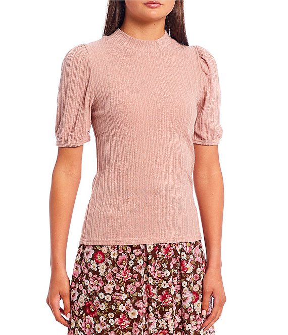 Color:Rose - Image 1 - Puff Sleeve Mock Neck Knit Top