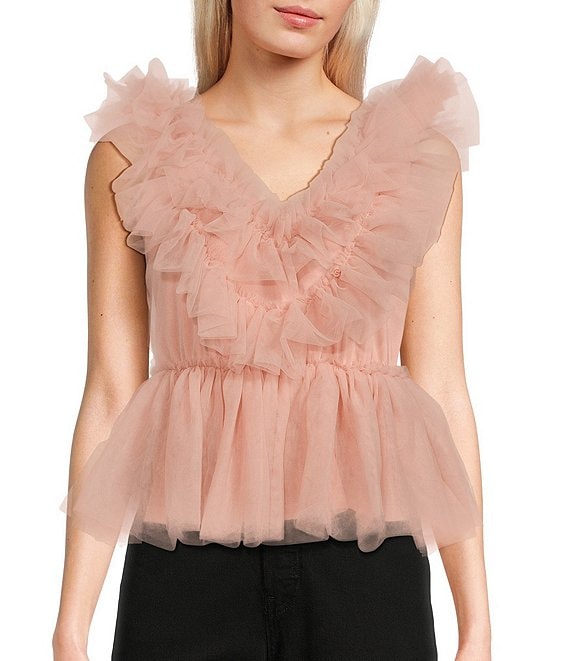 Color:Light Pink - Image 1 - Ruffle Tulle Tank Top