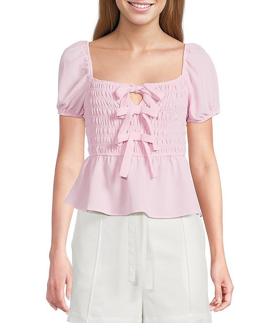 Blu Pepper Short Puff Sleeve Tie Front Shirred Blouse