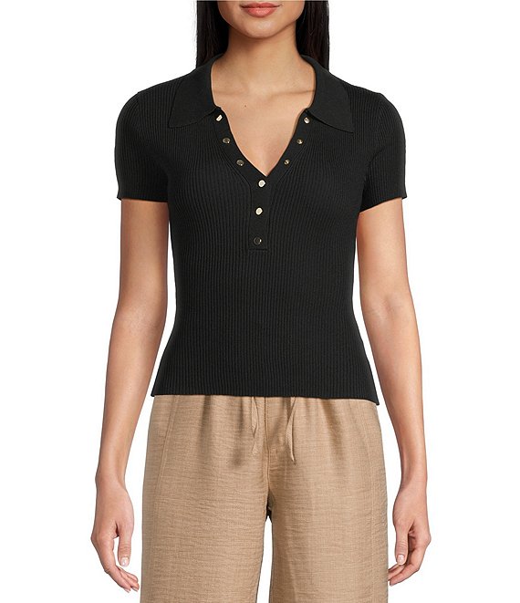 Blu Pepper Short Sleeve Snap Front Knit Top