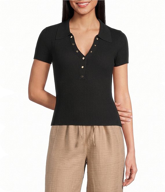 Blu Pepper Short Sleeve Snap Front Knit Top