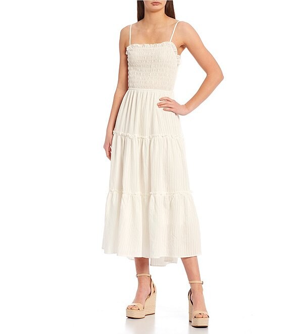 Color:White - Image 1 - Smocked Bodice Tie Back Tiered Midi Dress