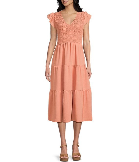 Blu Pepper Smocked V-Neck Flutter Tiered Midi Dress, Peach - Image 1