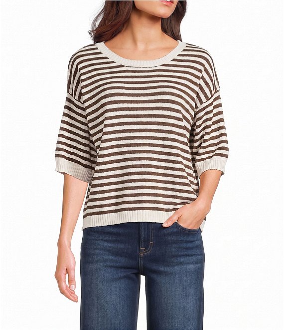 Blu Pepper Striped Short Sleeve Contrast Trim Sweater