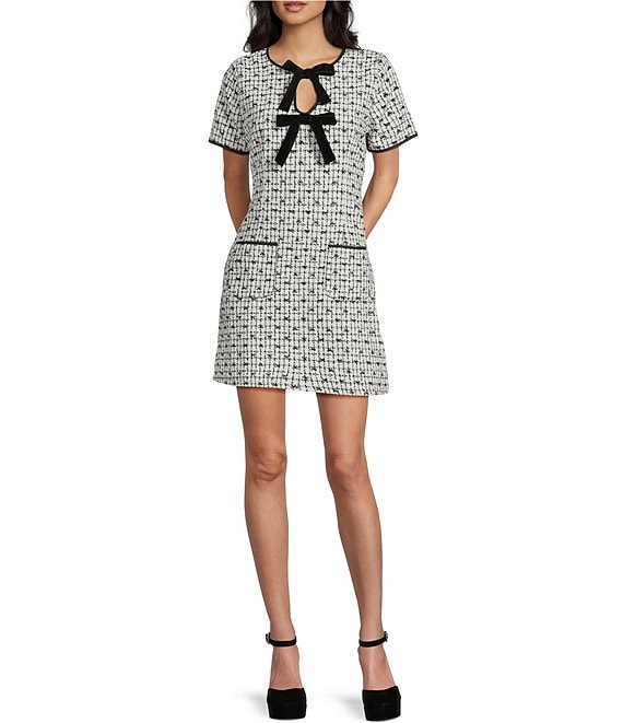 Blu Pepper Tweed Tie Front Short Sleeve Mini Dress