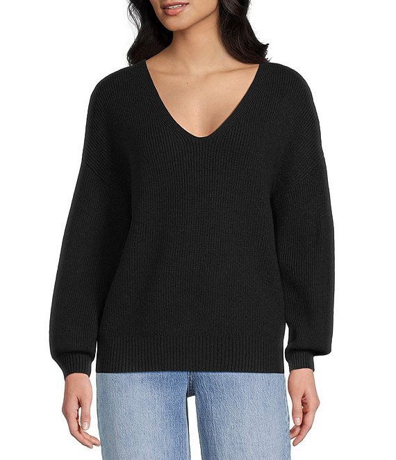 Blu Pepper V-Neck Drop Shoulder Tie Bow Back Sweater, Black - Image 1