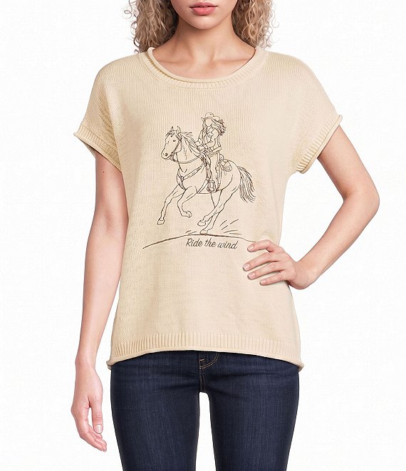 Blu Pepper Western Embroidered Short Sleeve Sweater