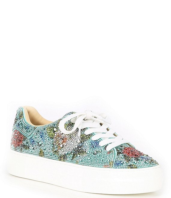 Color:Mint Floral - Image 1 - Blue by Betsey Johnson Sidny Floral Rhinestone Platform Lace-Up Sneakers
