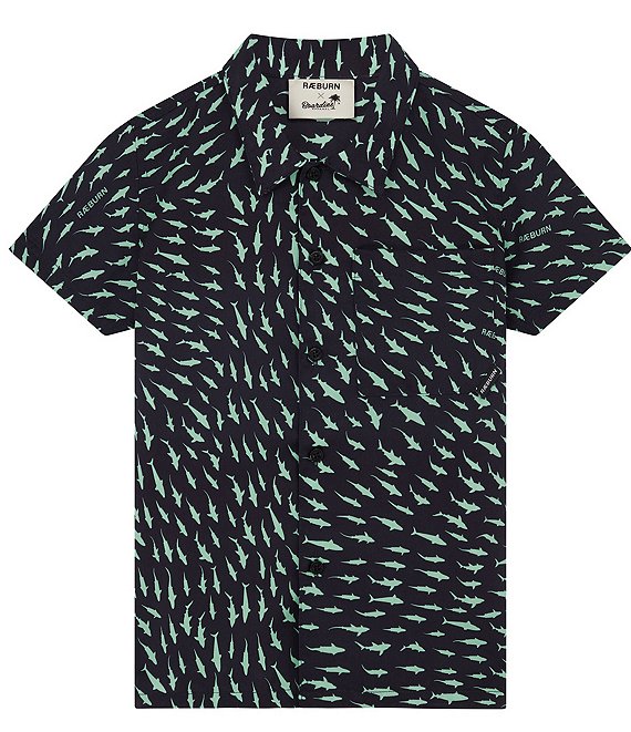 Color:Charcoal - Image 1 - Boardies® Little/Big Boys 3-10 Short Sleeve Raeburn Sharks Charcoal Button-Down Shirt