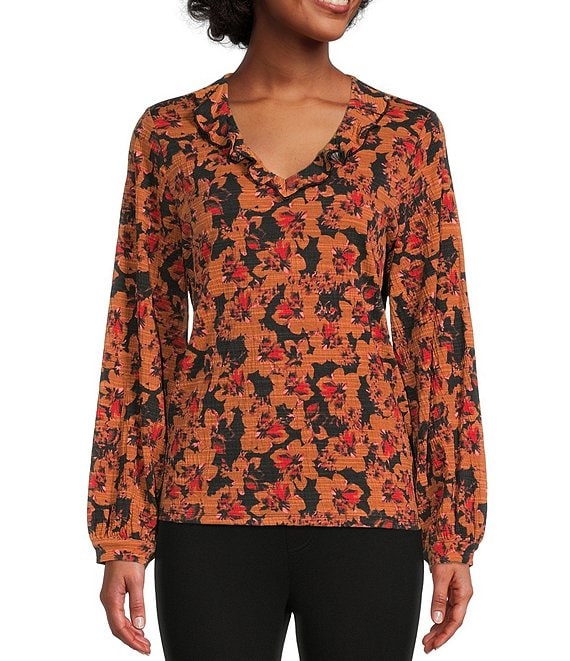 Color:Rust Floral - Image 1 - Floral Print Long Cuffed Sleeve Ruffle V-Neck Top