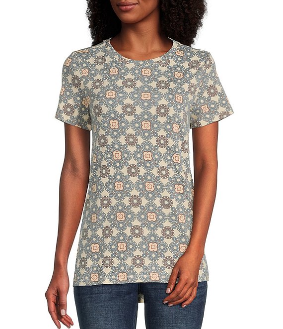 Bobeau Printed French Terry Crew Neck Short Sleeve Swing Top