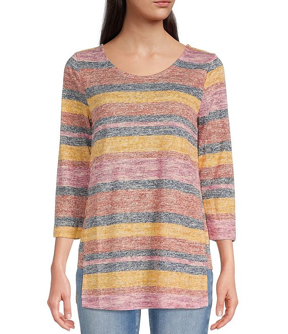 Color:Navy Rust Combo - Image 1 - Stripe Print Textured 3/4 Sleeve Round Neck Side Slit Shirt