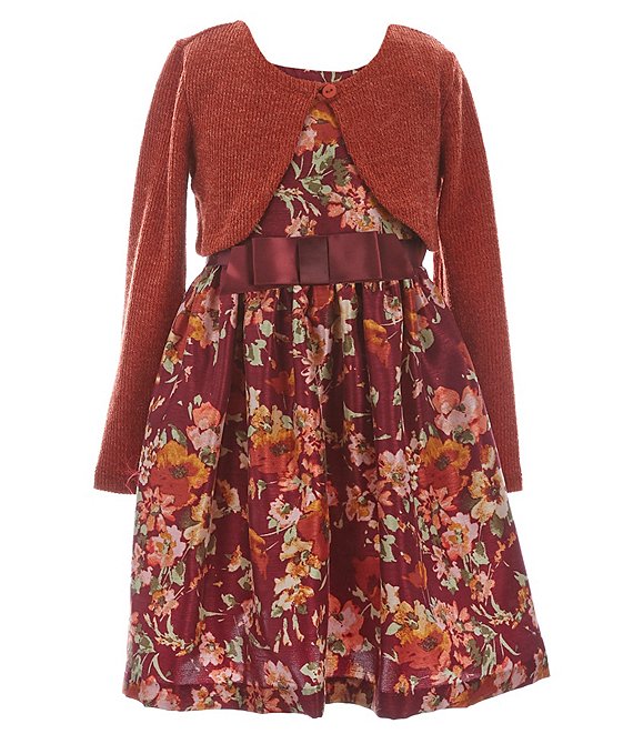 Color:Rust - Image 1 - Little Girls 2T-6X Long Sleeve Waist-Bow Shantung Floral Dress & Cardigan 2-Piece Set