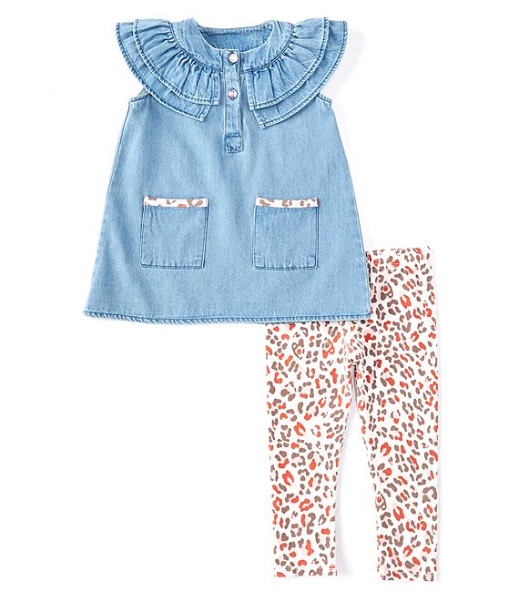 Bonnie Jean Baby Girls 12-24 Months Ruffle-Collar Denim Top & Animal-Print Leggings Set