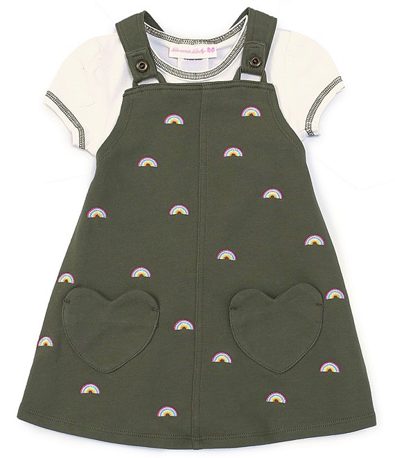 Color:Olive - Image 1 - Baby Girls 12-24 Months Short-Sleeve Bodysuit & Heart-Pocket Rainbow-Print Jumper Set