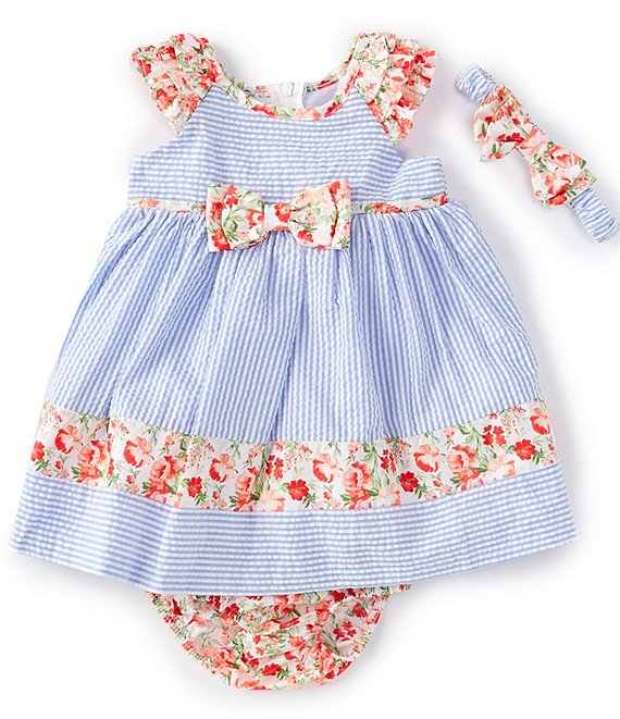 Color:Blue - Image 1 - Baby Girls Newborn -24 Months Stripe/Floral Print Flutter Sleeve Bow Front Dress