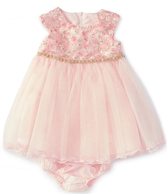 Color:Pink - Image 1 - Baby Girls Newborn-24 Months Cap Sleeve Floral-Embroidered/Mesh-Skirted Fit-And-Flare Dress