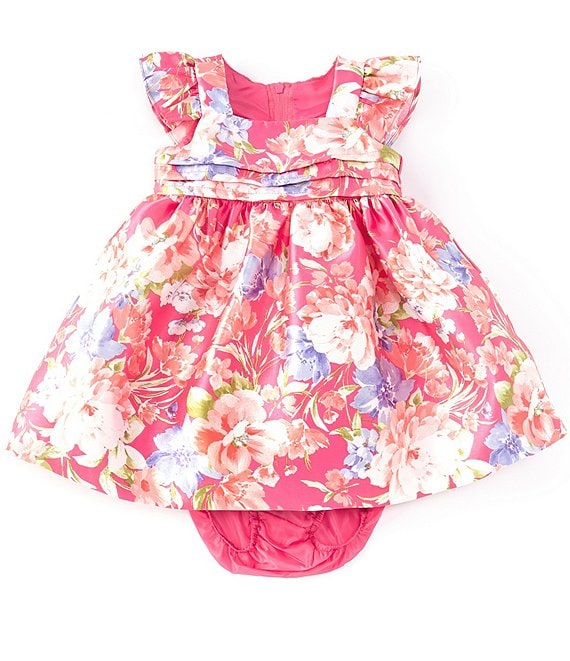 Color:Pink - Image 1 - Baby Girls Newborn-24 Months Flutter-Sleeve Floral-Printed Mikado Fit-And-Flare Dress