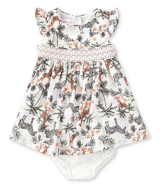 Color:Sage - Image 1 - Baby Girls Newborn-24 Months Flutter-Sleeve Printed Poplin Fit-And-Flare Dress