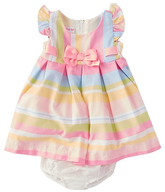 Color:Multi - Image 1 - Baby Girls Newborn-24 Months Flutter-Sleeve Vertical/Horizontal-Striped Fit-And-Flare Linen-Look Dress