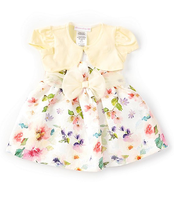 Color:Yellow - Image 1 - Baby Girls Newborn-24 Months Long-Sleeve Solid Cardigan & Floral-Printed Fit-And-Flare Dress Set