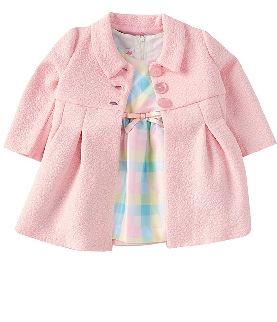 Color:Pink - Image 1 - Baby Girls Newborn-24 Months Long-Sleeve Textured-Knit Coat & Sleeveless Shantung Plaid Fit-And-Flare Dress Set