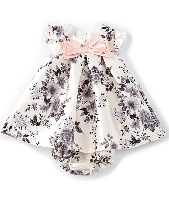 Color:Black/White - Image 1 - Baby Girls Newborn-24 Months Petal-Sleeve Floral Toile Mikado Trapeze Dress & Panty