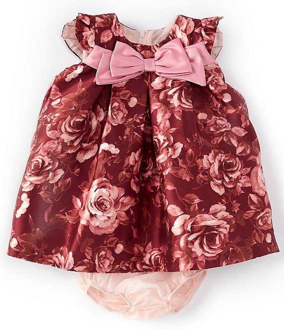 Color:Burgundy - Image 1 - Baby Girls Newborn-24 Months Short Sleeve Bow Front Floral Trapeze Dress