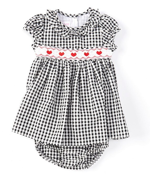 Color:Black/White - Image 1 - Baby Girls Newborn-24 Months Short-Sleeve Checked Seersucker Fit-And-Flare Dress