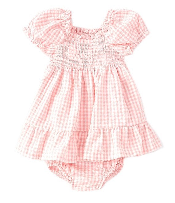 Color:Pink - Image 1 - Baby Girls Newborn-24 Months Short-Sleeve Gingham-Printed Smocked Dress