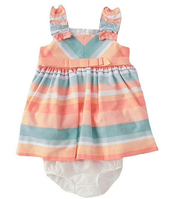 Color:Peach - Image 1 - Baby Girls Newborn-24 Months Sleeveless Miter-Stripe/Horizontal-Stripe Linen-Look Fit-And-Flare Dress