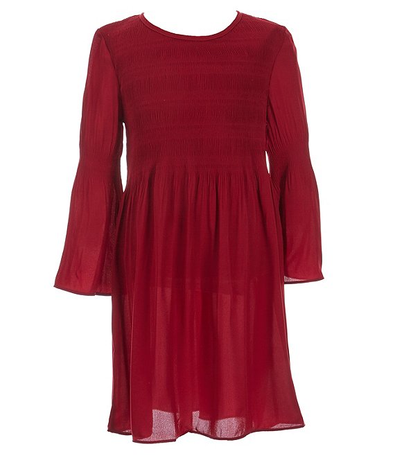Color:Wine - Image 1 - Big Girls 7-16 Bell-Sleeve Crepe Chiffon Pleated Drop-Waist Dress