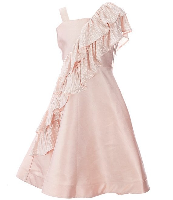 Color:Blush - Image 1 - Big Girls 7-16 Cascading-Ruffle-Detail Horsehair-Hem Fit-And-Flare Dress