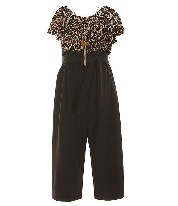 Color:Black - Image 1 - Big Girls 7-16 Cheetah Jumpsuit With Corresponding Necklace