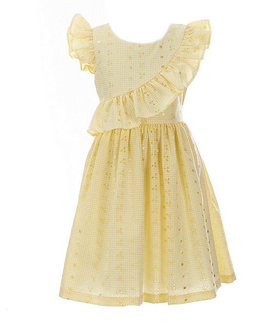 Color:Yellow - Image 1 - Big Girls 7-16 Flutter-Sleeve Eyelet-Embroidered Fit-And-Flare Dress And Straw Bag Set