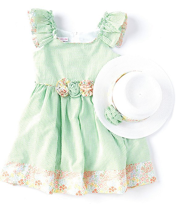 Color:Green - Image 1 - Big Girls 7-16 Flutter-Sleeve Mixed-Print Fit-And-Flare Seersucker Dress