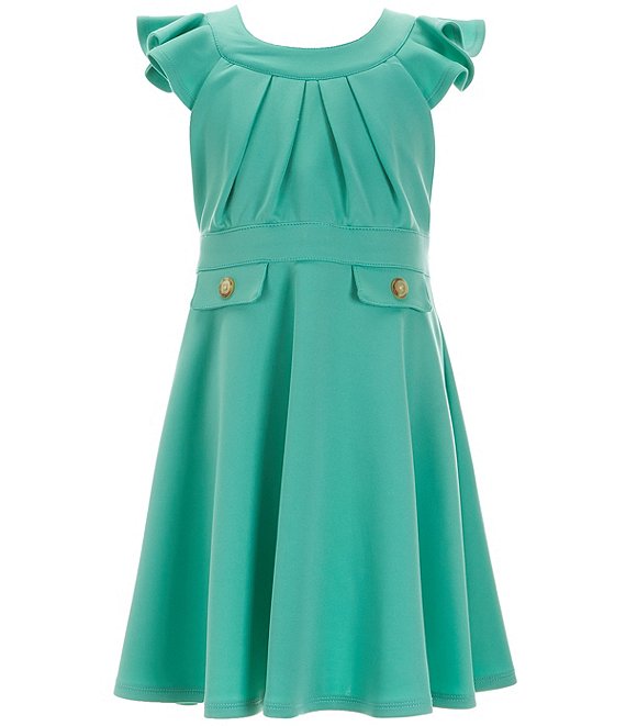 Color:Green - Image 1 - Big Girls 7-16 Flutter-Sleeve Pocket-Flap Fit-And-Flare Dress