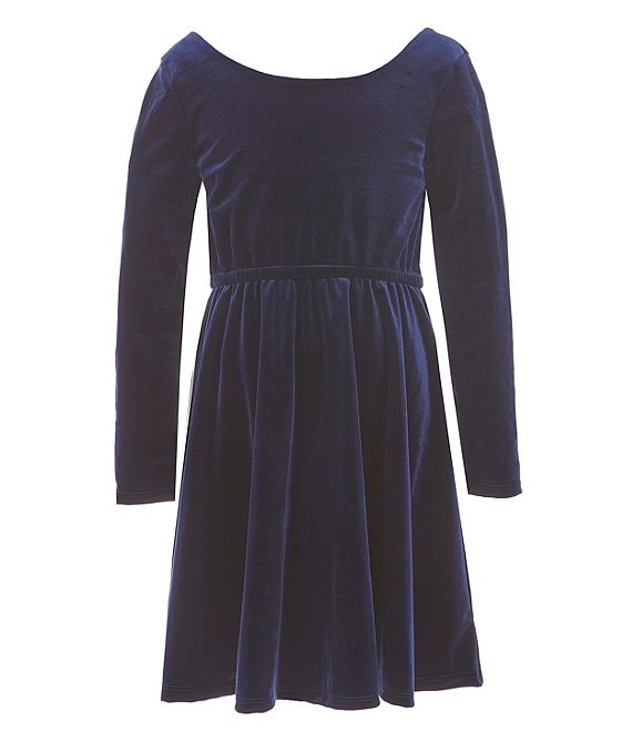 Color:Navy - Image 1 - Big Girls 7-16 Long-Sleeve Stretch Velvet Fit-And-Flare Dress