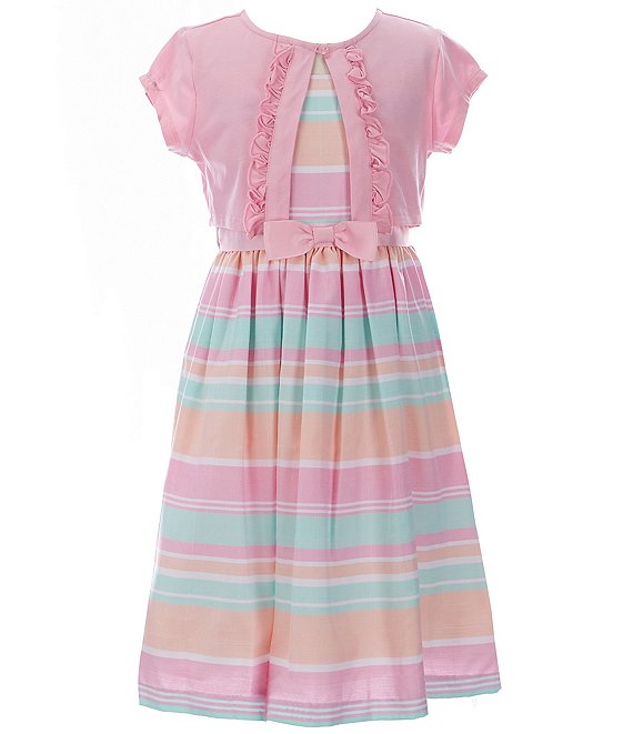 Color:Pink - Image 1 - Big Girls 7-16 Short-Sleeve Knit Cardigan & Sleeveless Striped Linen-Look Fit-And-Flare Dress