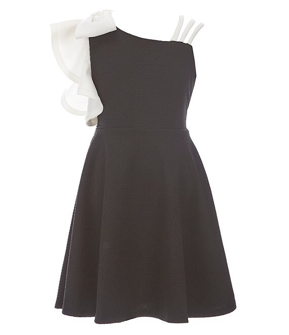 Color:Black - Image 1 - Big Girls 7-16 Contrast-Sleeve Bow-Shoulder Fit-And-Flare Dress