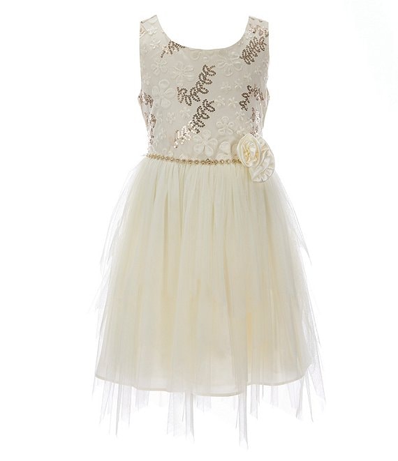 Color:Ivory - Image 1 - Big Girls 7-16 Sleeveless Embroidered Sequin Fit-And-Flare Dress