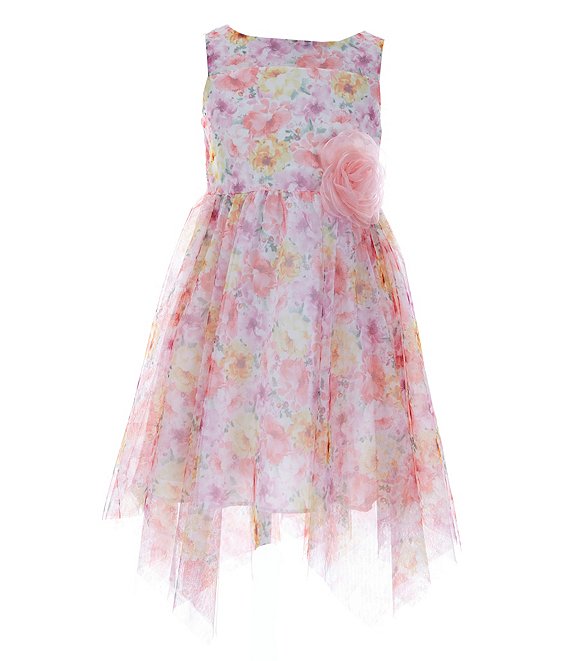 Color:Pink - Image 1 - Big Girls 7-16 Illusion Floral-Mesh Handkerchief-Hem Dress