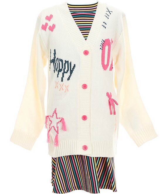 Bonnie Jean Big Girls Long-Sleeve Happy Cardigan Sweater & Short-Sleeve Horizontal/Vertical-Striped Rib-Knit Drop-Waist Dress, Multi - Image 1
