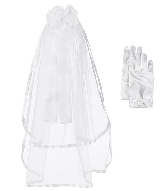 Bonnie Jean Bow-Accented Clip-On Veil and Gloves Set