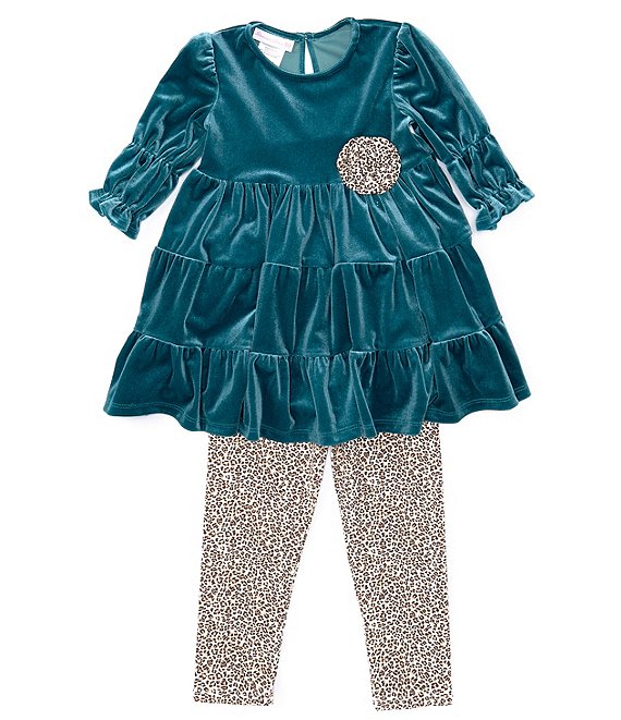 Bonnie Jean Little Girls 2T-6X 3/4 Sleeve Fit And Flare Velvet Dress &  Leopard Printed Knit Leggings Set