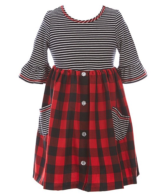 Color:Red - Image 1 - Little Girls 2T-6X 3/4-Sleeve Striped/Plaid Babydoll Dress