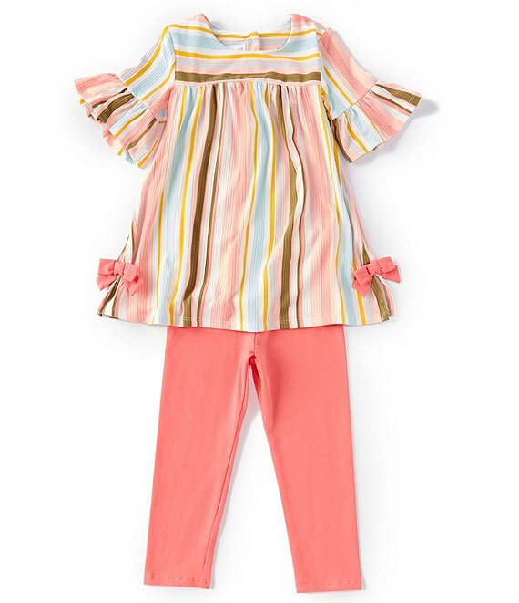 Color:Multi - Image 1 - Little Girls 2T-6X Bell-Sleeve Striped Knit Tunic Top & Solid Capri Leggings Set
