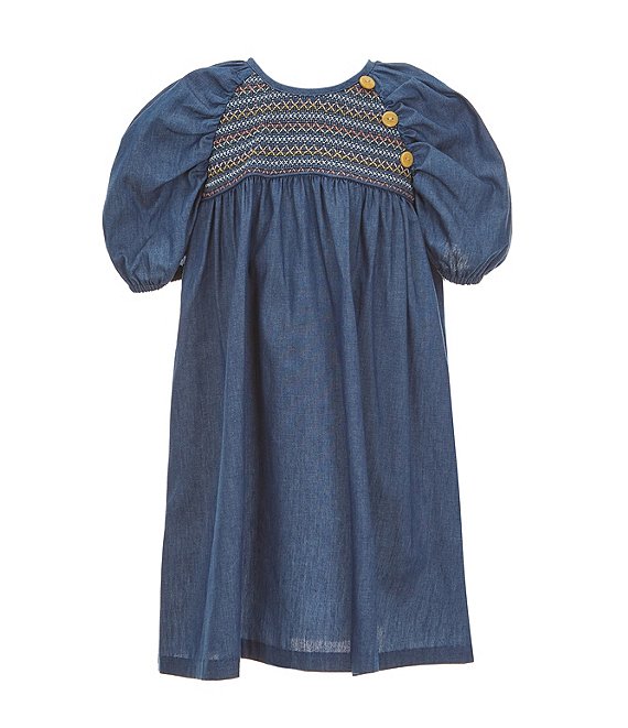 Bonnie Jean Little Girls 2T 6X Dolman Sleeve Multicolor Smocked Empire Waist Denim Dress