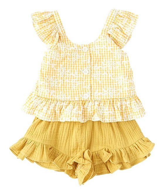 Color:Mustard - Image 1 - Little Girls 2T-6X Embroidered Checked Top & Solid Ruffled Gauze Shorts